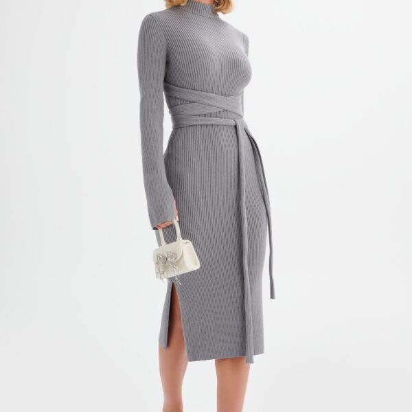 Lavish Alice ROMI Knitted Ribbed Open Back Sleeved Midi Dress In Grey XS UK4 - UK6