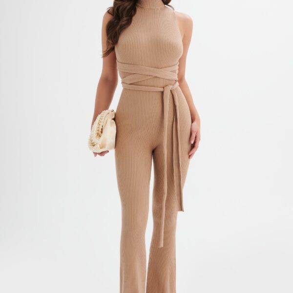 Lavish Alice TAMARA Knitted Ribbed Open Back Jumpsuit In Camel M UK12 - UK14