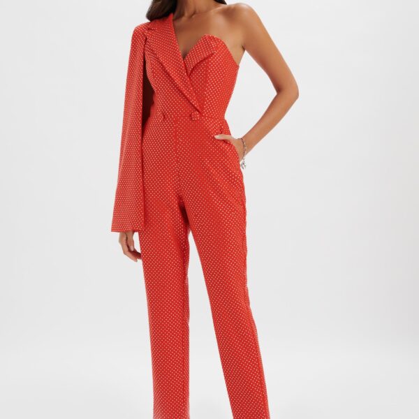 Lavish Alice MISCHA Crystal Embellished One Shoulder Cape Jumpsuit in Red SM UK10
