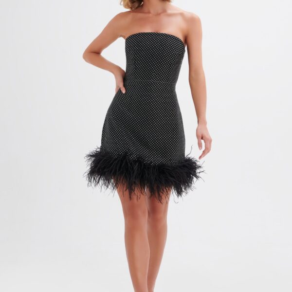 Lavish Alice CHLOE Crystal Embellished Feather Hem Mini Dress in Black SM UK10