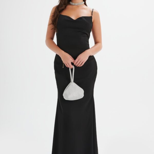Lavish Alice DEMI Cowl Neck Satin Maxi Dress with Pearl Straps in Black XXL UK18