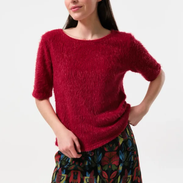 Laureen Eyelash Rib Short Sleeve Jumper - Red