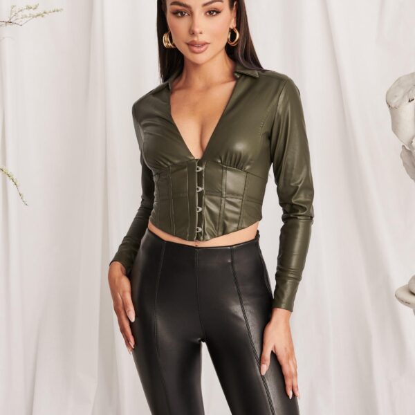 Lavish Alice SAVANNAH PU Shirt With Corset Detail in Khaki XXS UK4