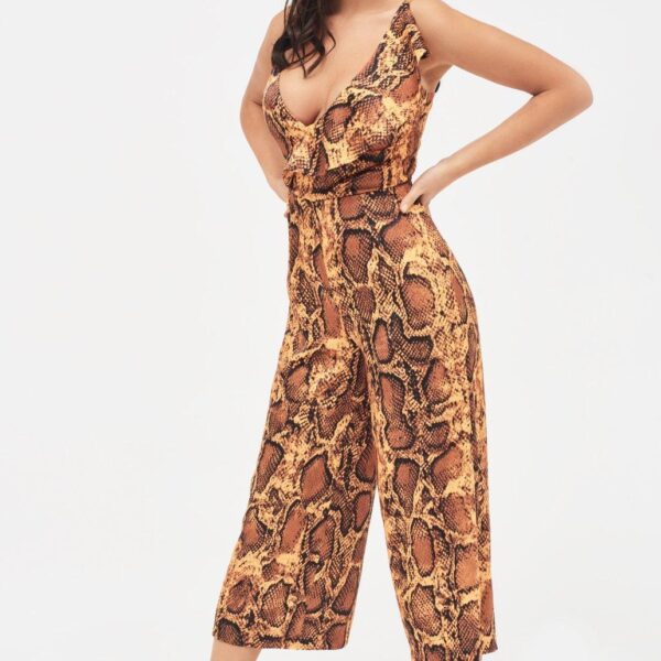 Lavish Alice NORA Satin Frill Wrap Culotte Jumpsuit in Golden Yellow Snake Print XXL UK18