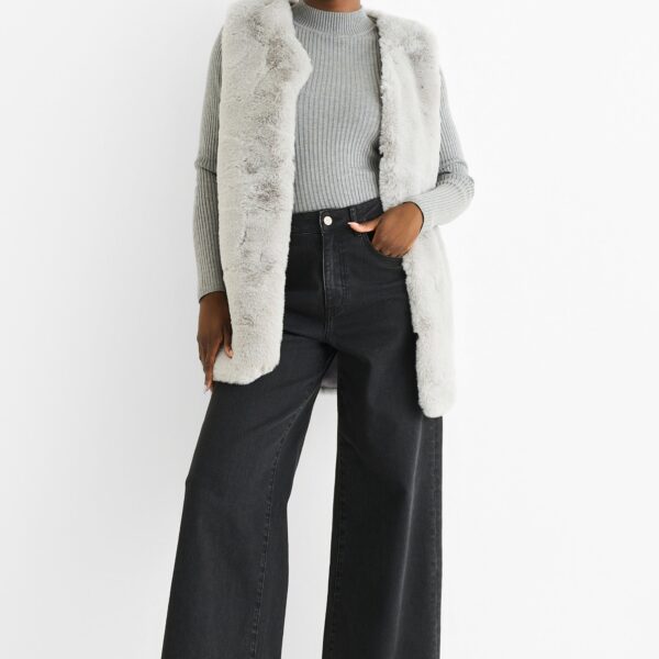 Silver Diagonal Cut Sleeveless Faux Fur Gilet