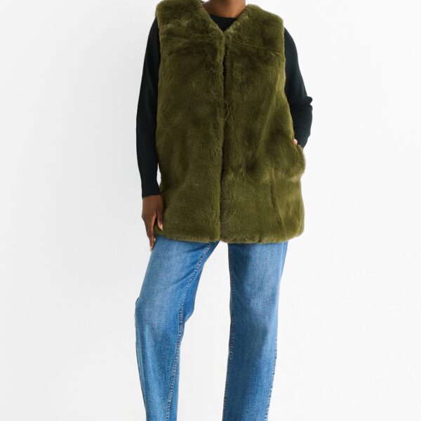 Khaki No Cut Faux Gilet Fur Sleeveless Jacket