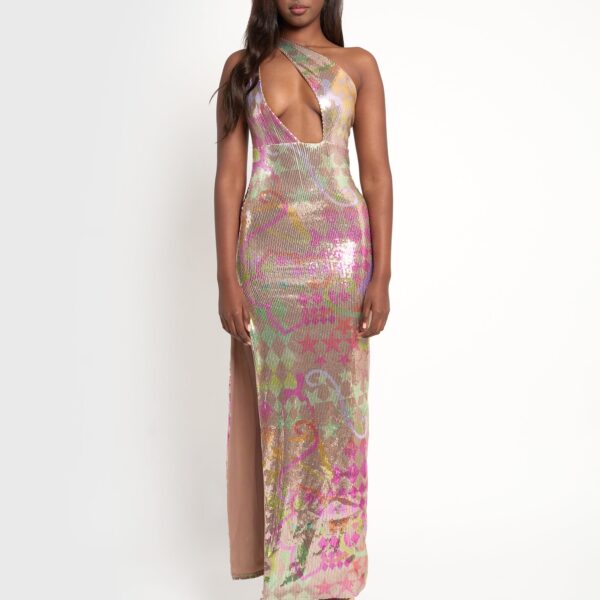 Sequin Printed Asymmetric Maxi Dress Multi