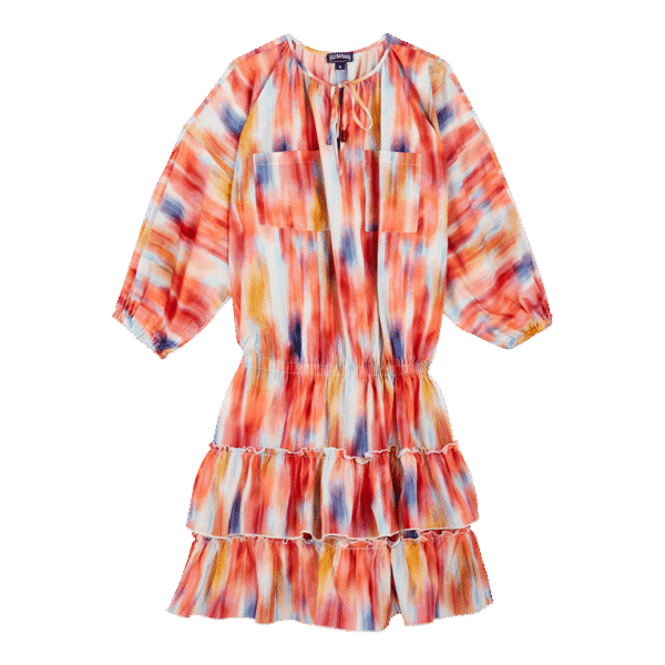 Women Cotton Ruffled Dress Ikat Flowers - Lauriane - Multi - Size XS - Vilebrequin
