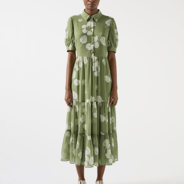 Lk Bennett Women's Floral Relaxed Tiered Dress - 14 - Green Mix, Green Mix
