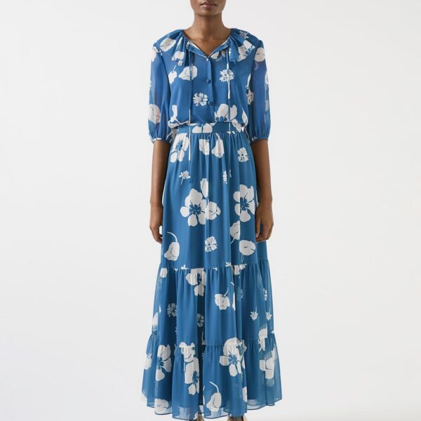 Lk Bennett Women's Floral Midi Tiered Skirt - 12 - Blue Mix, Blue Mix