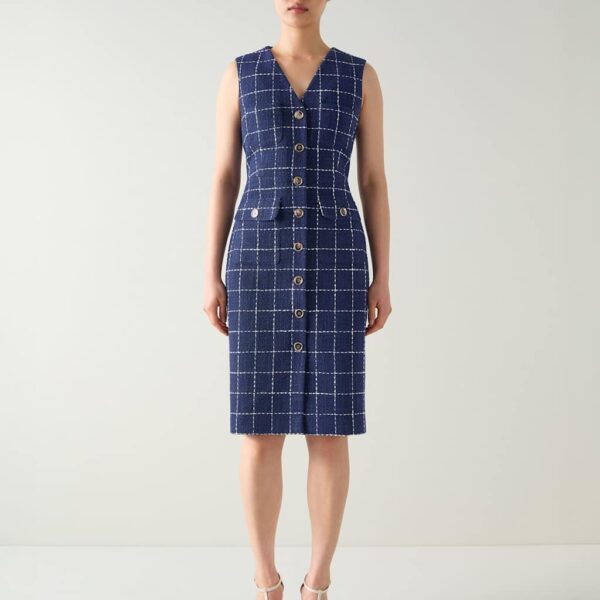 Lk Bennett Women's Tweed Checked V-Neck Knee Length Column Dress - 12 - Navy Mix, Navy Mix