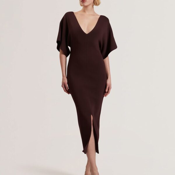Ted Baker Women's Knitted V-Neck Midi Bodycon Dress - 12 - Brown, Brown
