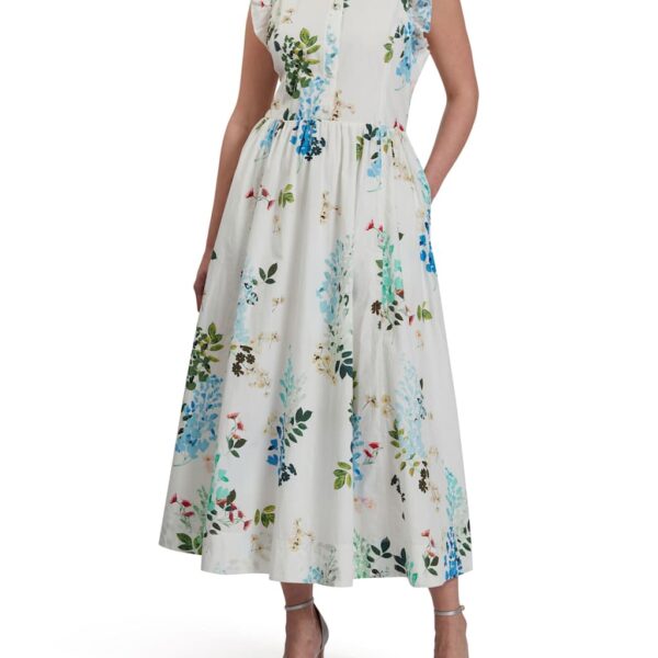 Ted Baker Women's Pure Cotton Floral Midi Waisted Dress - 10 - White, White