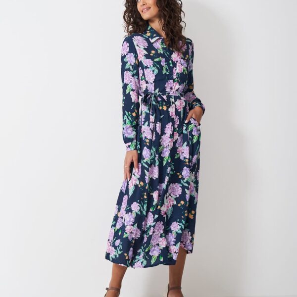 Crew Clothing Women's Floral Belted Midi Shirt Dress - 14 - Blue Mix, Blue Mix