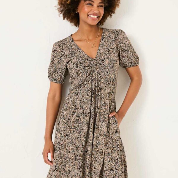 Fatface Women's Cotton Rich Printed V-Neck Waisted Dress - 10REG - Black Mix, Black Mix