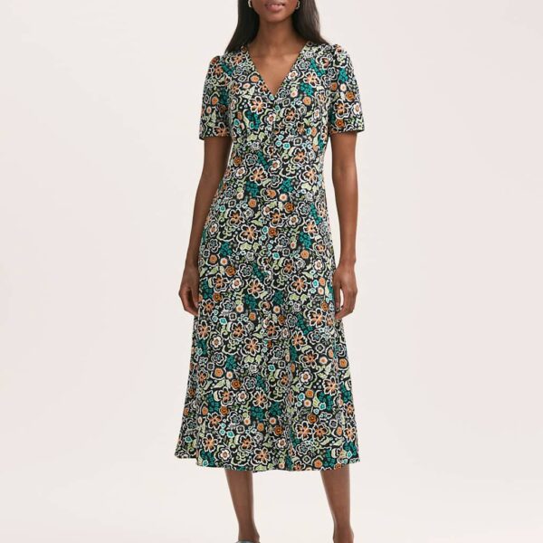 Finery London Women's Floral V-Neck Button Through Midi Tea Dress - 12 - Black Mix, Black Mix