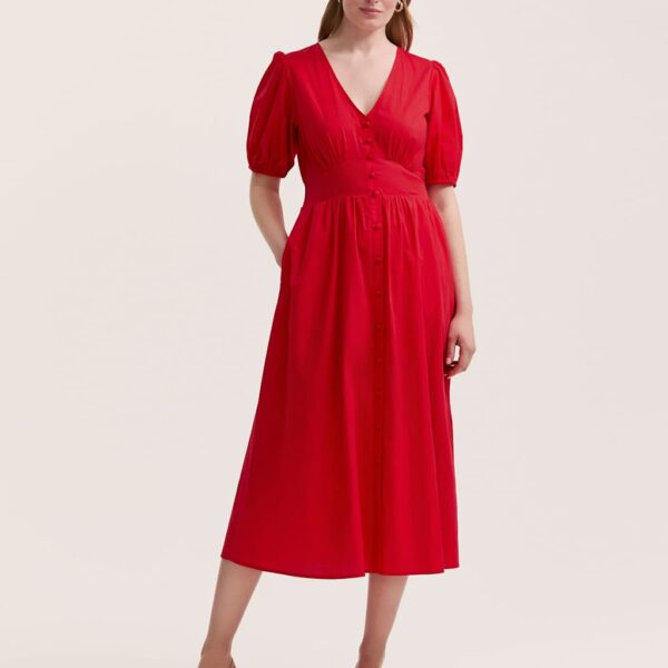 Finery London Women's Pure Cotton V-Neck Midi Tea Dress - 14 - Red, Indigo,Red
