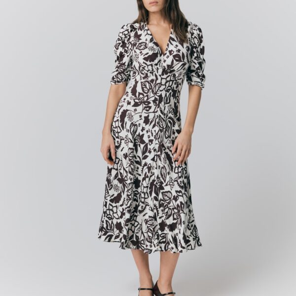 Ghost Women's Crepe Floral V-Neck Midi Tea Dress - Burgundy Mix, Burgundy Mix,Navy Mix