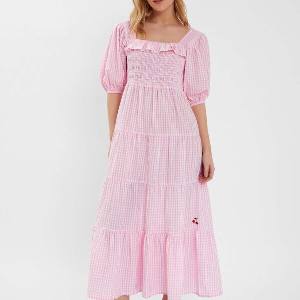 Accessorize Women's Pure Cotton Gingham Square Neck Maxi Dress - Pink, Pink