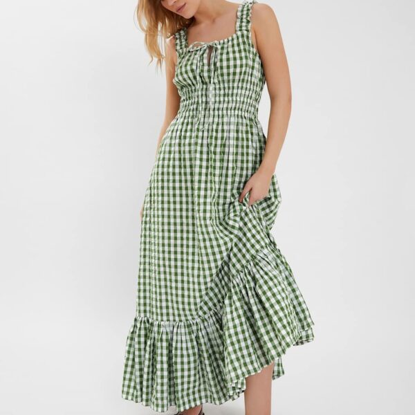 Accessorize Women's Pure Cotton Gingham Square Neck Maxi Dress - Green, Green