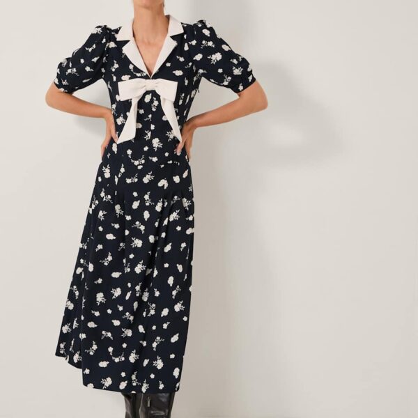 Monsoon Women's Floral Collared Bow Midi Tea Dress - 10 - Black Mix, Black Mix