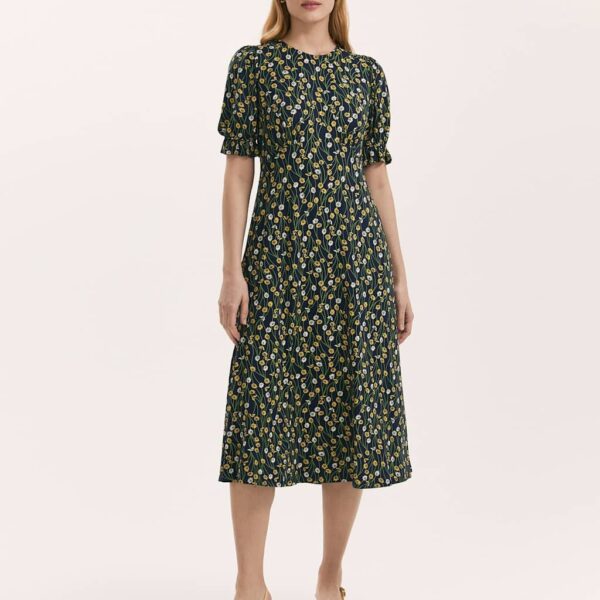 Finery London Women's Jersey Floral Puff Sleeve Midi Tea Dress - 12 - Yellow Mix, Yellow Mix,Blue Mix