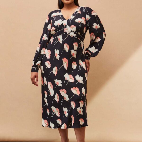 Live Unlimited London Women's Floral V-Neck Piping Detail Midaxi Tea Dress - 18REG - Black Mix, Black Mix