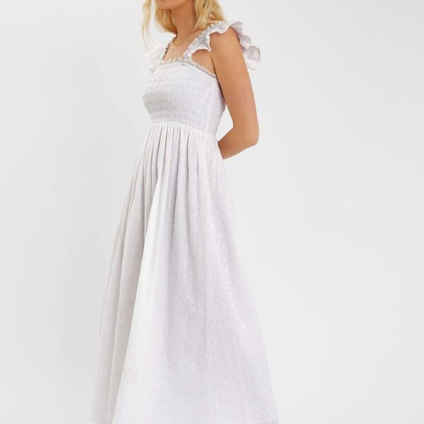 Accessorize Women's Pure Cotton Shirred Broderie Maxi Dress - L - White, White