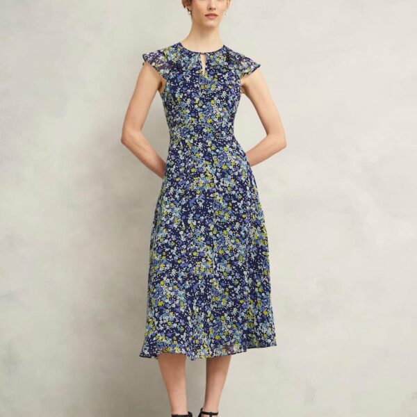 Hobbs Women's Floral Cut Out Detail Midi Skater Dress - 14REG - Blue Mix, Blue Mix