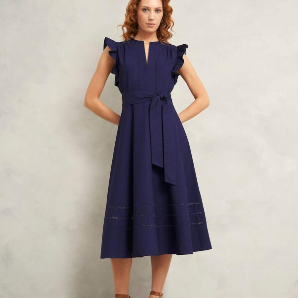 Hobbs Women's Pure Cotton Notch Neck Midi Skater Dress - 12REG - Blue, Blue