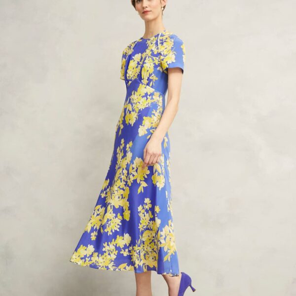 Hobbs Women's Pure Silk Floral Midi Waisted Dress - 12REG - Blue Mix, Blue Mix