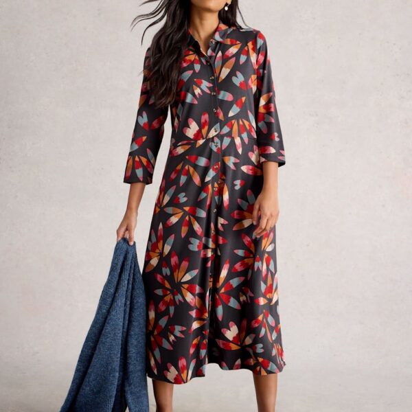 White Stuff Women's Jersey Printed Midi Shirt Dress - 12REG - Grey Mix, Blue Mix,Black Mix,Pink Mix,Green Mix,Grey Mix,Navy Mix,Yellow Mix