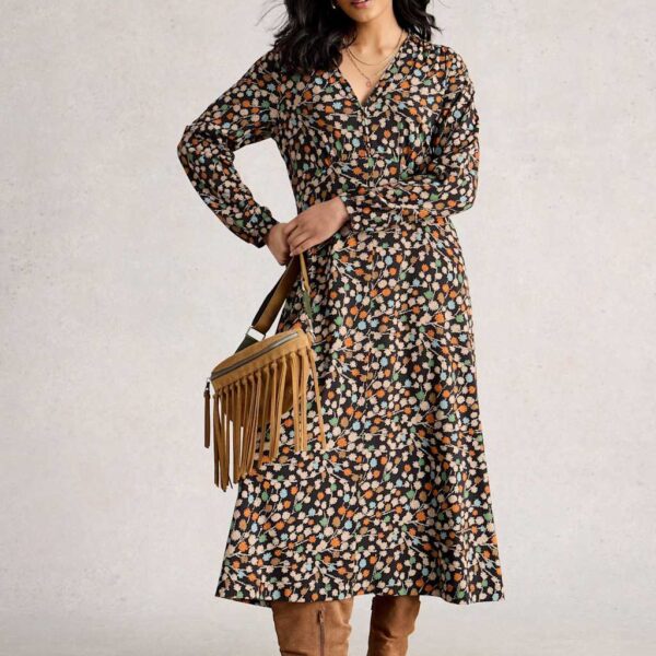 White Stuff Women's Jersey Printed V-Neck Midi Dress - 14REG - Black Mix, Black Mix
