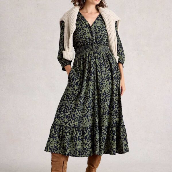 White Stuff Women's Pure Cotton Printed Midi Tiered Dress - 12REG - Green Mix, Green Mix