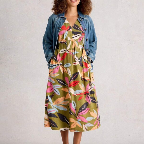 White Stuff Women's Floral V-Neck Midi Waisted Dress - 12REG - Green Mix, Green Mix