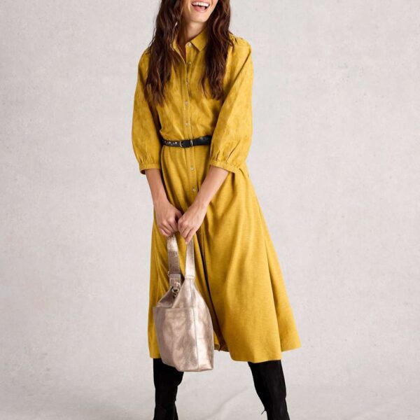 White Stuff Women's Jersey Floral Embroidered Midi Shirt Dress - 12REG - Yellow, Yellow