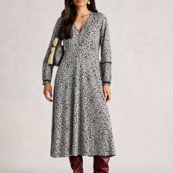 White Stuff Women's Cotton Blend Floral Midi Waisted Dress - 12REG - Black Mix, Black Mix