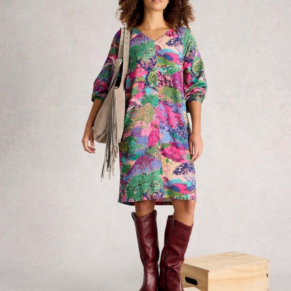 White Stuff Women's Printed V-Neck Knee Length Relaxed Shift Dress - 12REG - Pink Mix, Pink Mix