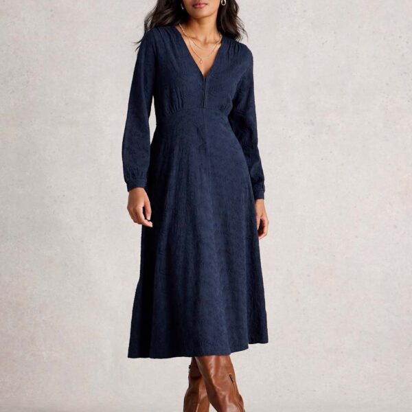 White Stuff Women's Jersey Embroidered V-Neck Midi Tea Dress - 12REG - Navy, Navy