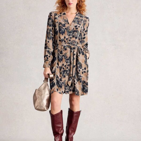 White Stuff Women's Printed V-Neck Tie Waist Knee Length Tea Dress - 14REG - Natural Mix, Natural Mix