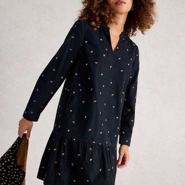 White Stuff Women's Cord Embroidered Knee Length Tiered Dress - 14REG - Black Mix, Black Mix