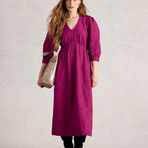 White Stuff Women's Pure Cotton Embroidered Midi Waisted Dress - 12REG - Pink, Pink