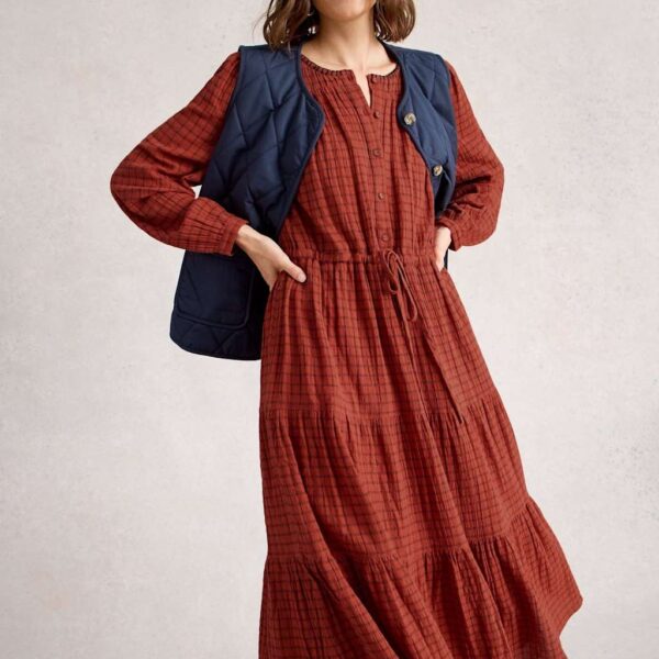 White Stuff Women's Pure Cotton Checked Midi Tiered Dress - 12REG, Red