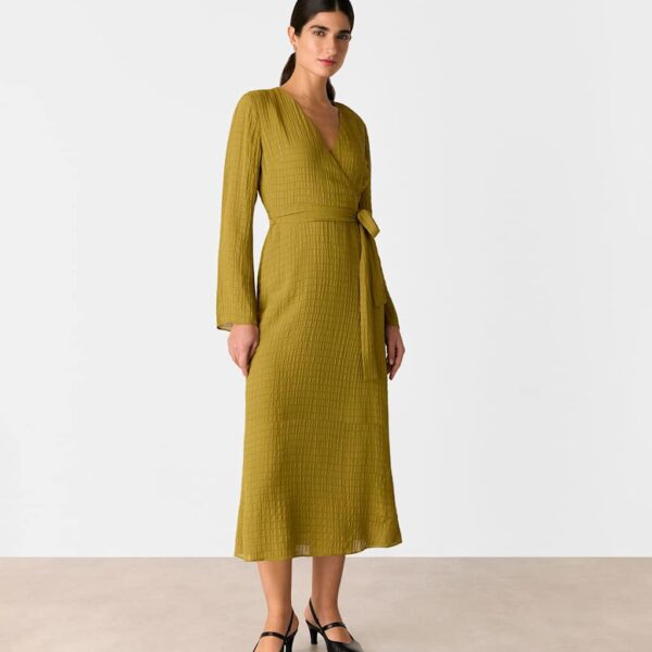 Whistles Women's Textured V-Neck Tie Waist Midi Wrap Dress - 10 - Olive, Olive
