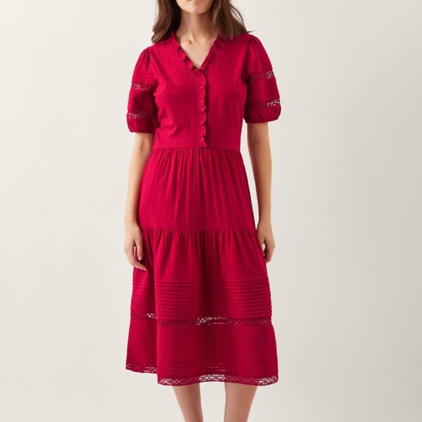 Monsoon Women's Pure Cotton V-Neck Midi Tiered Dress - XL, Red
