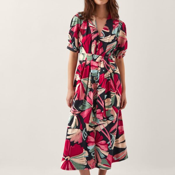 Monsoon Women's Pure Cotton Printed V-Neck Midi Shirt Dress - L - Red, Red