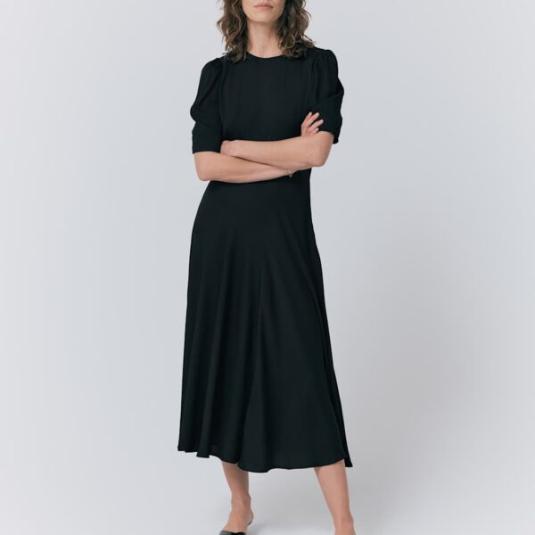 Ghost Women's Crepe Round Neck Puff Sleeve Midi Tea Dress - Black, Black