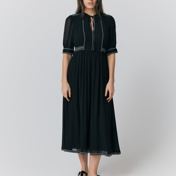 Ghost Women's Embroidered Tie Neck Midi Smock Dress - Blue Mix, Blue Mix