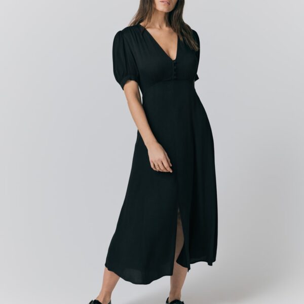 Ghost Women's Crepe V-Neck Button Detail Midaxi Tea Dress - Black, Black