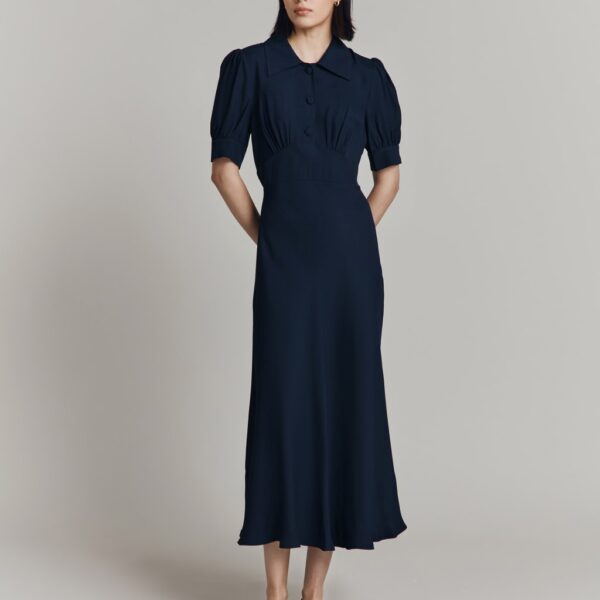 Ghost Women's Crepe Puff Sleeve Midi Tea Dress - Navy, Navy